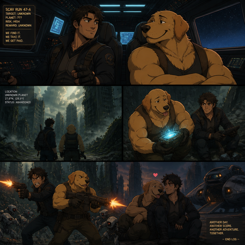 In a lone galaxy, a well-made animated version. In a spaceship, a human pilot/scavenger, and his partner a thick homosexual anthro gay golden retriever with floppy ears. Both finding themselves on a scavenging hunt and knows how to defend themselves from any threats even some robots. In an abandoned planet unknown in a concrete jungle.