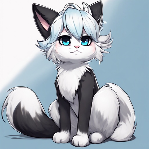 furry, femboy, r34, tail, furry, EGirlMakeup, <lora:eGirlMakeup-08:0.8>; anthropomorp, cat, black and white she cat, log ea, huge tail, light blue eyes, Chibi Furry, Cute Furry, Chibi Fursona, Cute Fursona, black and white hair, hairstyle in a bun, long fur on the cheeks, plump hips, small breasts; the body has black fur, fur of the tummy, breast and paws are white, right paw are black as a body, There are long down-white furrows on the cheeks; the upper part of the muzzle is black, white cheeks, the right side is black, the left is white, there is a spot on the forehead, there were spots under the eyes in the form of the right muzzle is black, the left one is,  white, there is a spot on the forehead, there were also spots in the form of arrows under the eyes, black sweater and shorts