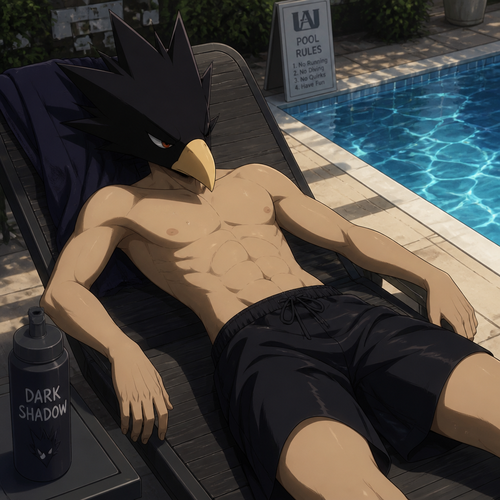 Tokoyami Fumikage wearing loose black swimsuit and shirtless. Laying on a chair next to a pool sleeping.
