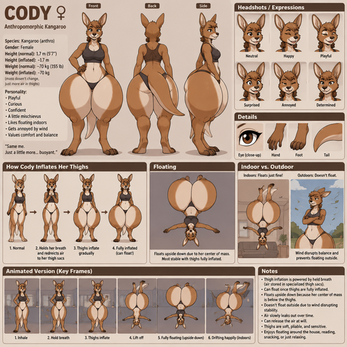 A female anthropomorphic kangaroo named Cody that can inflate her thighs by holding her breath, can float once her thighs are fully inflated, floats upside down because of her center of mass, doesn’t float outside because of wind, reference sheet, animated version