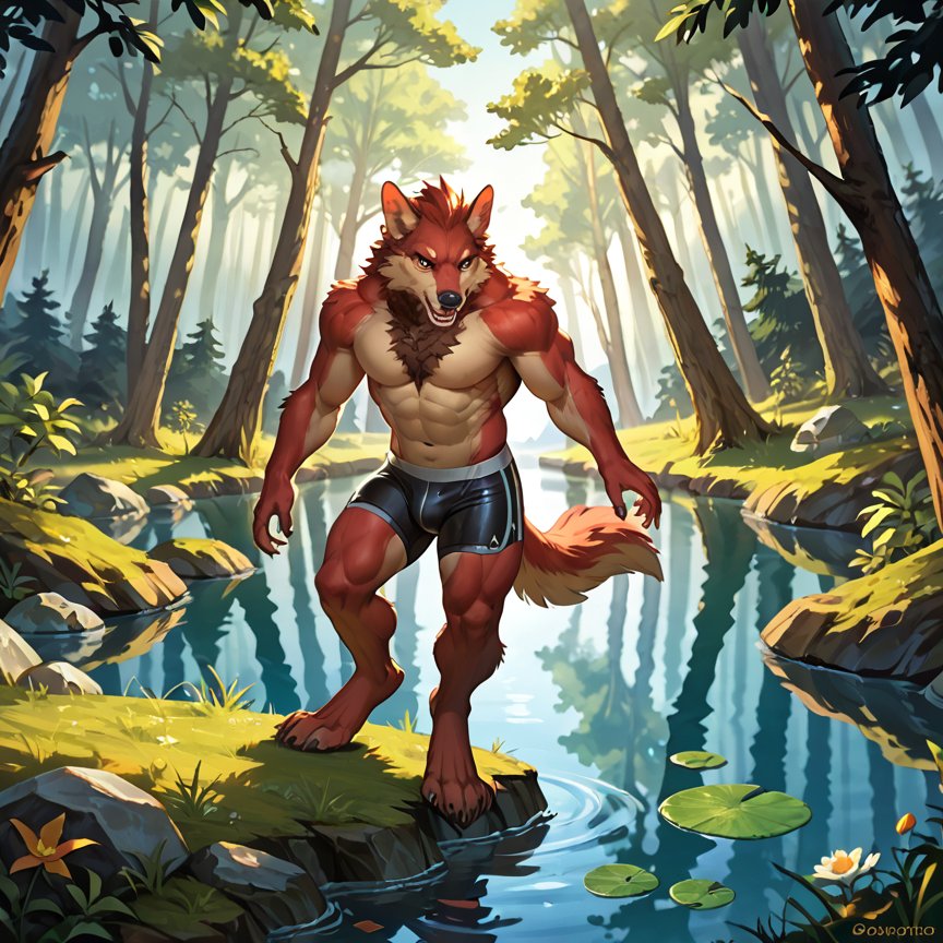 A young muscular male red werewolf | furry.ai