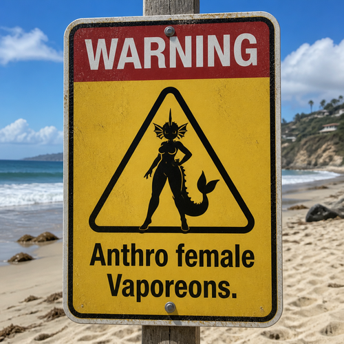 A warning sign on a beach says; Anthro female Vaporeons.