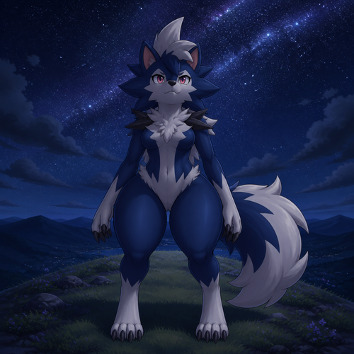 A well-made Pokemon character, a midnight Lycanroc. Has thick thighs and a bushy tail. Alone in a hill at night. Looking at the stars. Front view.