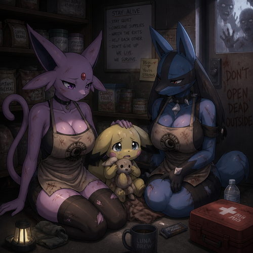 Both anthro busty female Espeon and a busty female Lucario that both wears a apron and used to overworked inside of a coffee shop but now a survivors that must survive despite the fresh start of a outbreak of zombies, sitting next to try calming and protect a scared little Pichu that carrying a stuff animal on a floor sympathetic, acting all hopeless and tired. Anime/Animated version. Safe enough in a pantry. Staying calm and focused on staying alive.