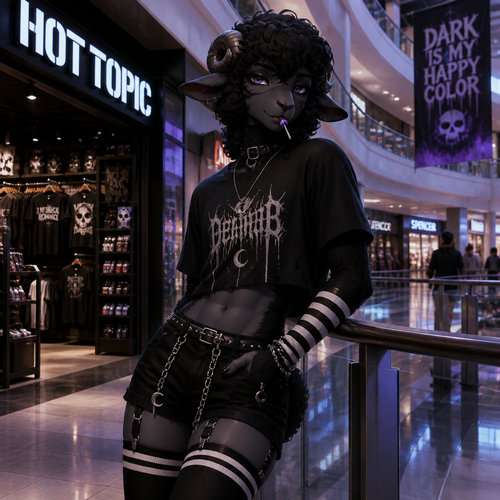 A grownup homosexual femboy anthro Black Sheep male, wears moon pendant necklace and an eyeliner, wearing some short clothes from Hot Topic, stick a lollipop on mouth, and has thick thigh highs. At the city’s mall. Well-made animated version.
