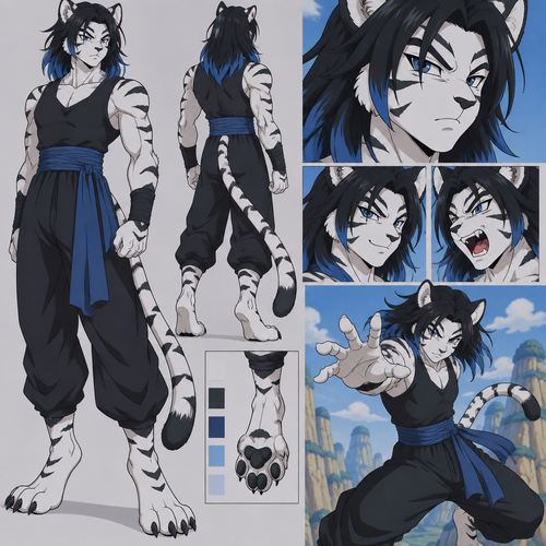 male white tiger anthro, black hair to the shoulders with blue tips, blue eyes, digitigrade footpaws, slim, Dragonball Style