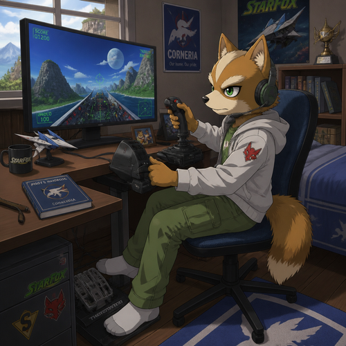A middle school aged Fox McCloud sitting at his computer desk play a flight simulator using realistic flight controls. Anime art style, full body.