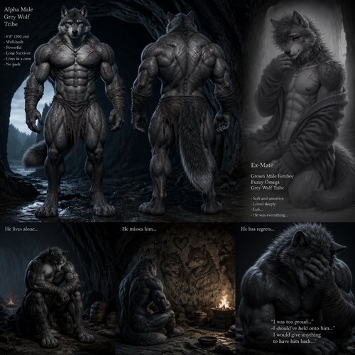 The well-made big and buff alpha male grey wolf tribe at front/rear view who lives in a cave all alone with no pack and misses his ex-mate (a grown male femboy fuzzy omega grey wolf tribe) sadly depressed and have regrets.