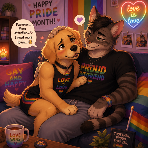 In a anthro universe, A homosexual male golden retriever with floppy ears who sits on a male cat’s leg while giving a needy whining look for wants some attention and wants some more loving. Both boyfriends. Today’s pride month. Animated version.