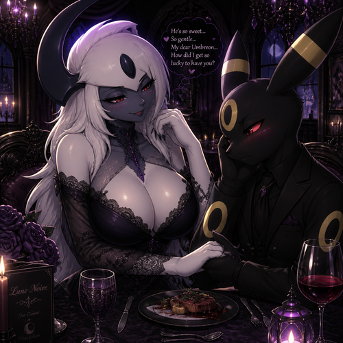 A well-made busty female Pokemon character, Absol. wears an elegant dress and eyeliner also lipstick. Tall and gorgeous. Dating a shy male Umbreon with a blush. Patient. Has a flirty feeling. Thinking about how sweet and delightful. On a fancy restaurant a gothic theme.