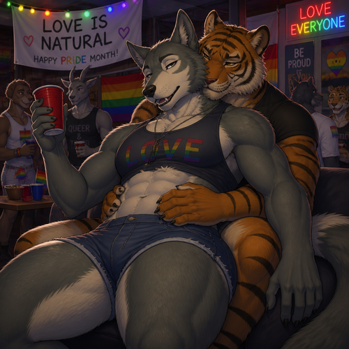 Legoshi the grown Wolf is celebrating at today’s pride month at the college party. Has thick thighs and big butt. Wears shorts and a necklace. Being cuddled by Bill the tiger.