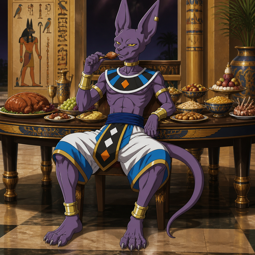 Beerus from Dragon Ball Super wearing loose Egyptian inspired shorts. He is sitting at a table eating a feast. Solo, full body.