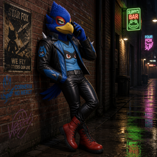 Falco Lombardi wearing a Lucario style leather jacket with a Riolu style shirt underneath it, tight black leather pants and red combat boots. He is leaning against a brick wall talking with someone on his cellphone.