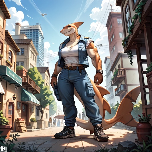 Tall, muscular, banker, female, shark