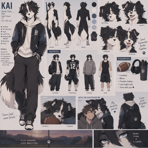 A high school aged male anthropomorphic border collie. He loves playing football and has a boyfriend. Anime art style, reference sheet.