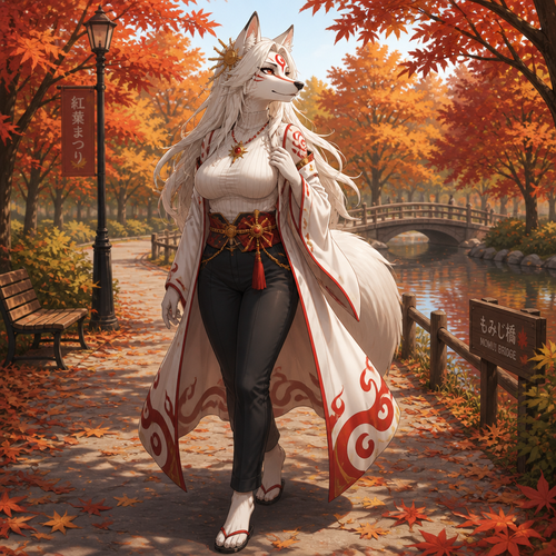 Amaterasu (a well-made anthro female character) was taking a walk on an autumn park. Anime version.