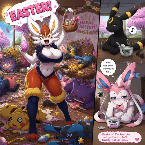 A busty well-made fluffy female Pokemon character, Cinderace. Who celebrates on today’s Easter Day and shouts, EASTER! And wrecking up a place like a crazy party girl while she knocked other Pokemon out on a floor cold by her but A cute but creepy male Sylveon just as sad and irritating about being ignored by a male Umbreon while eating a healthy yogurt ignoring. All well-made anthropomorphic characters. Animated verse. Spring.