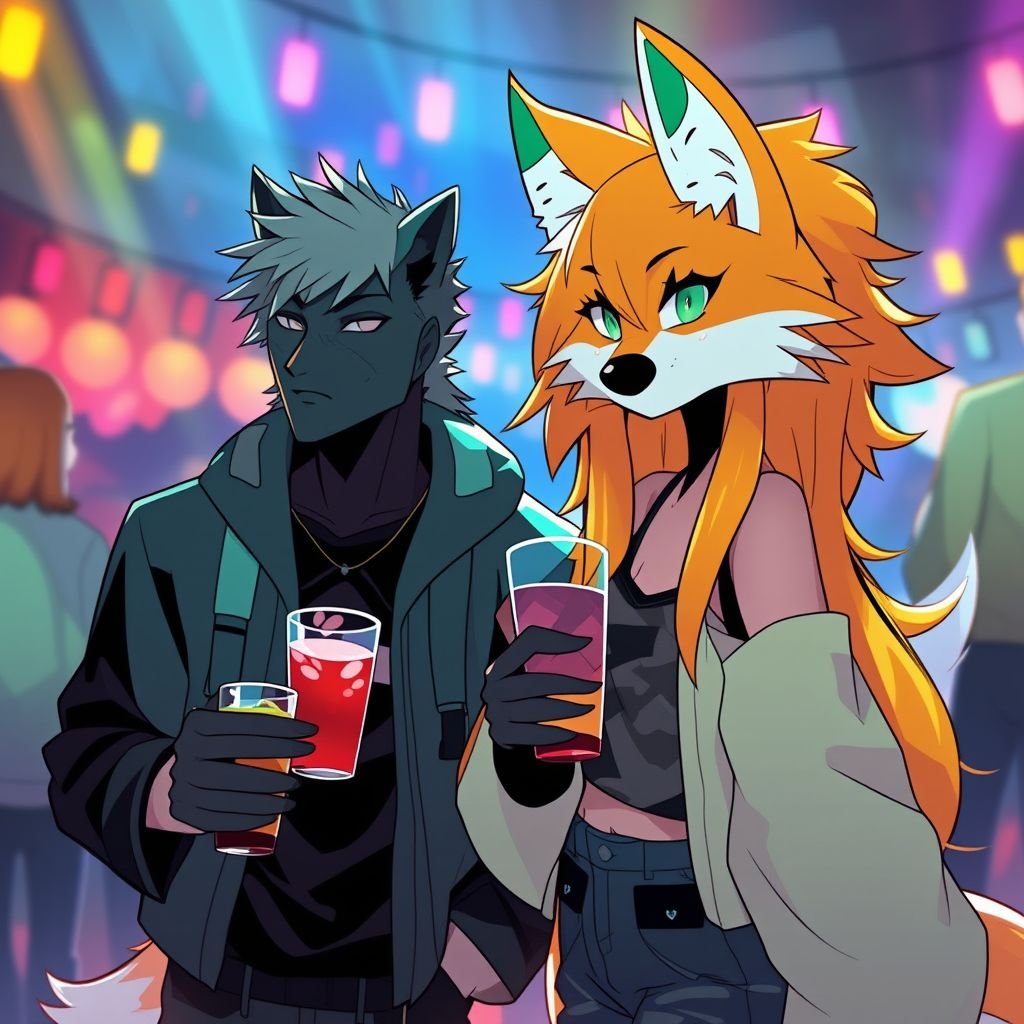 Female fox furry with glass at a college party drinking in one paw with her all black with green eyes wolf furry boyfriend