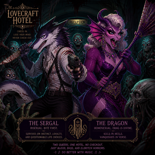 In the animated version of this universe, two adult male characters fight for their lives together against the undead inside the Lovecraft hotel. A bisexual Sergal and the homosexual drag queen the Dragon. Do better with music. Front view.