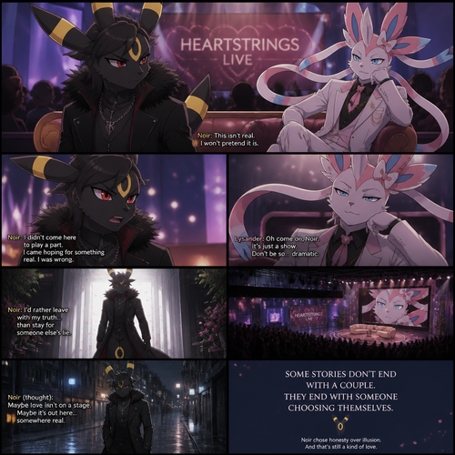 In a well-made anthro Pokemon universe, an non-rich grown brave male half gothic Umbreon named Noir refuses to accept the sham date with a grown richest male Sylveon (the spoiled careless Barron named Lysander) on a live dating fantasy show (in modern life) and decided to leave because love isn’t here. A well-made animated version. A sad but a good truthful ending.