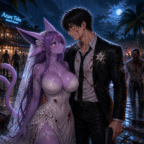 In this reality, at the wedding right before everything was perfect but then after the zombies came crashed and ruined the party became a blood bath. A busty adult female Espeon the bride and her adult human groom as husband and wife stand bye side together and face the living dead at night. A well-made anime version. A modern life. On a tropical island resort. Gotten all wet by the rain. Front/side view. Love and support each other. Looking at each other with hope and still alive.