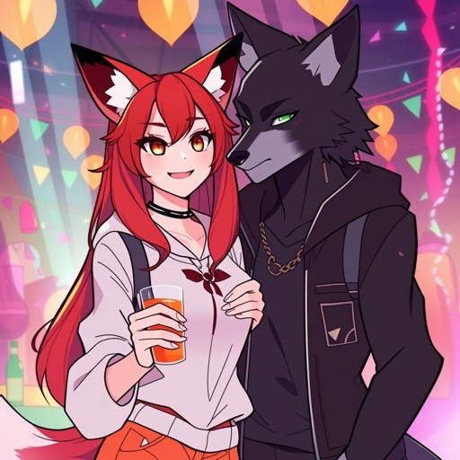 Female fox furry with glass at a college party drinking in one paw with her all black with green eyes wolf furry boyfriend