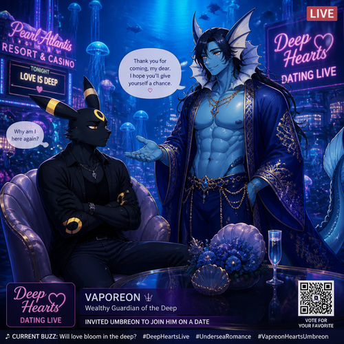 In a dating reality show on live, a very wealthy grown Vaporeon gay male with buff body and dark long hair color that wears a robe (like a guardian of a deep blue sea) who invited a non-rich anthro grown Umbreon male that doesn’t want to be here and wonder why. A well-made animated version. In the city underwater that looks like Las Vegas. A modern life. gentle and kind. 