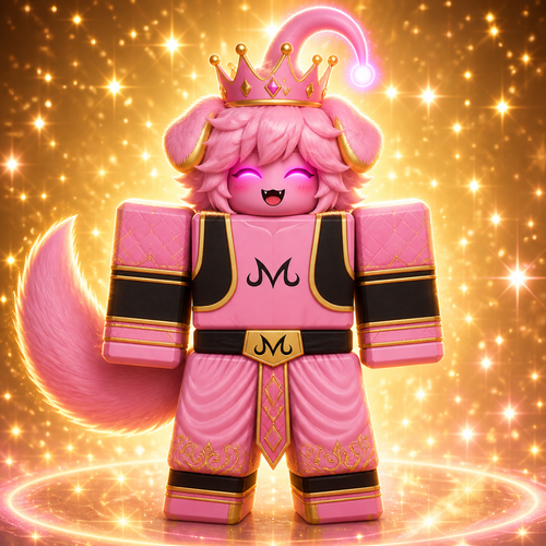 “Draw Nuu (Doggy absorbed) exactly like this character: a pink, fluffy, crowned, blocky Roblox‑style avatar with rounded dog ears, a big fluffy tail, joyful closed‑eye smile, and a geometric body; apply Nuu’s absorption mechanic by keeping every trait, accessory, and clothing from the absorbed Doggy but recoloring all fur, hair, and fabric into soft pink with golden highlights; include the black ‘M’ symbol on the chest, the same outfit shape and patterns the Doggy originally had, but transformed into Nuu’s pink palette; keep the crown identical in shape but fully pink with gold accents; give him glowing magenta eyes (closed in a happy expression), a curved Majin‑Buu‑style antenna emitting pink light, and surround him with a golden sparkling background; ensure the final design preserves the exact silhouette and blocky proportions of the absorbed Doggy while fully converting the character into Nuu’s pink‑gold aesthetic.