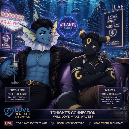 In a dating reality show on live, a very wealthy grown anthro Vaporeon gay male with buff body and dark hair color who invited a non-rich anthro grown Umbreon male (a Italian-American) that doesn’t want to be here and wonder why. A well-made animated version. In the city underwater that looks like Las Vegas. A modern life.