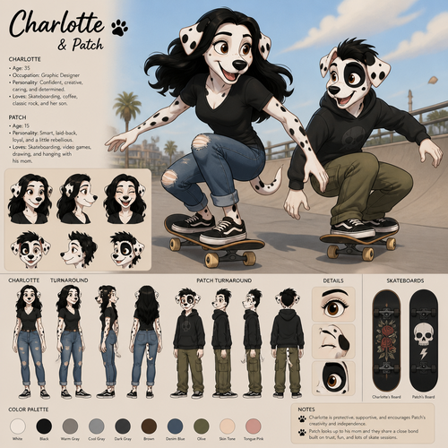 A beautiful female anthropomorphic Dalmatian with black hair named Charlotte in her mid thirties with no piercings skateboarding with her teenage son Patch who has a patch of black fur over his right eye, reference sheet, animated style 
