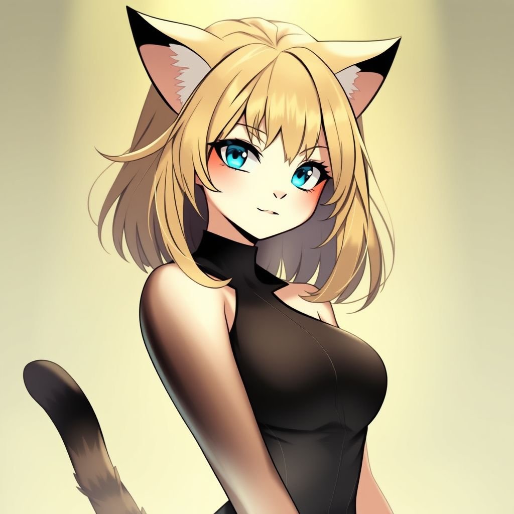 Blonde haired, shoulder length hair, blue eyes, catgirl, busty, black dress