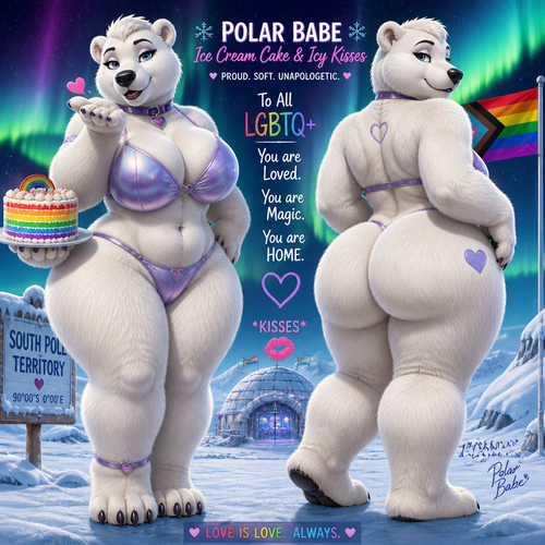 A busty well-made adult anthropomorphic polar bear female who lives in South Pole territory with a rainbow color ice cream cake on her paw. Has thick thighs and thick fur. Large looks. Front/back view. Calm and confident. Animated verse. Give a flirty look. Gives kisses sign to all LGBTQ+.