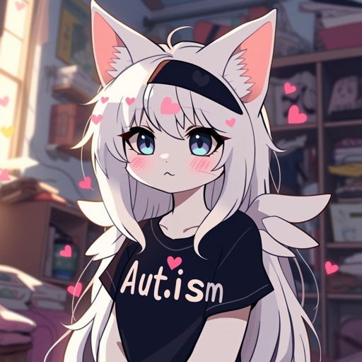 furry fluffy white cat with big fluffy ears pointed down with very white long hair going to the waist with angel wings on the head and blue eyes with pink hearts in them, wearing a black Top saying autism, sitting in a very messy dark room