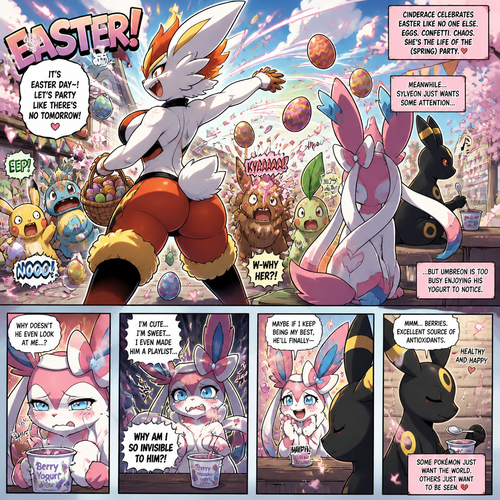 A busty well-made fluffy female Pokemon character, Cinderace. Who celebrates on every Easter Day and shouts, EASTER! And wrecking up a place like a crazy party gal while she knocked other terrified Pokemon by throwing eggs at them but A cute but creepy but a gay male Sylveon just as sad and irritating about being ignored by a male Umbreon while eating a healthy yogurt distracted and appreciated. All well-made characters. A dramatic and a funny comedy show. A comic views. Spring season. Side/back view.