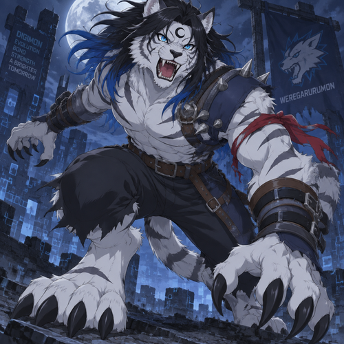 Male, white tiger, blue eyes, long black hair with blue tips, digitigrade footpaws, black sideways crescent on forehead, anime style, weregarurumon, digimon, roaring