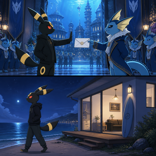 A non-rich grown Umbreon male reject the envelope of a billionaire Vaporeon’s welcoming party at the underwater city mansion. Lives on a small modern house at the beach. Well-made animated version. Side view.