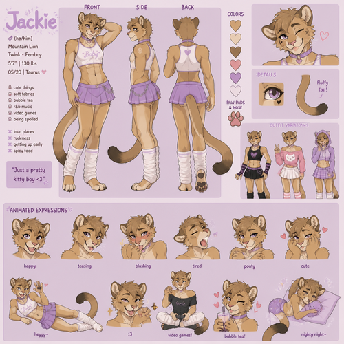 A male anthropomorphic twink femboy mountain lion named Jackie wearing a crop top skirt and leg warmers, reference sheet, animated version