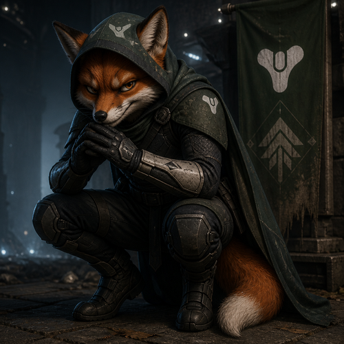 A young male fox squatting and scheming. Wearing Hunter armor from Destiny 2.