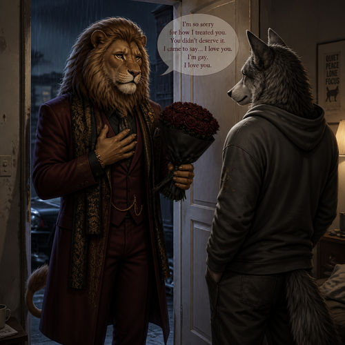 A (well-made grown male character) rich Barron a Lion that wears whatever he wears who came to see a non-rich male grey Wolf for an apology for how he’s sorry and tell him he loves him and says he’s gay.