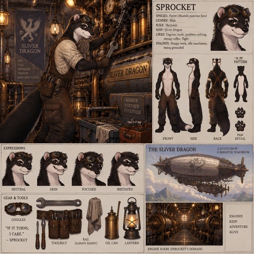 A male anthropomorphic ferret named Sprocket that has black fur and a white underbelly, is the mechanic on a steampunk airship named the “Sliver Dragon”, working on the engine, is in the ship’s engine room, reference sheet, one big picture