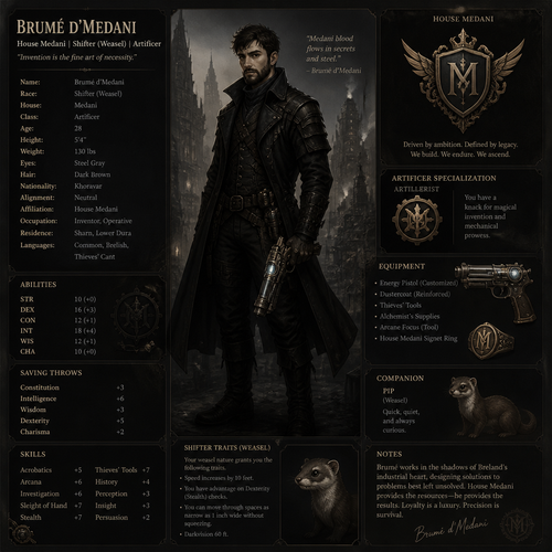 human face, weasel, shifter, artificer, eberron, Brumé d'Medani, house medani, medani crest, male, late 20s, short beard, black leather armor and trenchcoat, energy pistol, (short), (small), character sheet, character profile, (steampunk), (gritty noir)