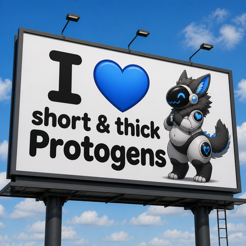 A big sign says; I 💙 short & thick Protogens. Well-made version and view.