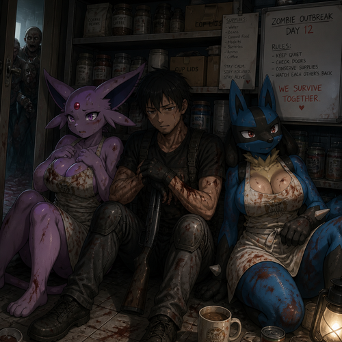 A scared grown busty female Espeon and a busty female Lucario that both wears a apron and used to overworked inside of a coffee shop but now a survivors despite the fresh start of a outbreak of zombies, sitting next to a human as a zombie slayer on a floor, acting all hopeless and tired. Animated version. Safe enough in a pantry. Staying calm and focused on staying alive.
