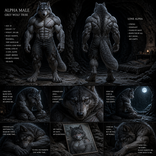 The well-made big and buff alpha male grey wolf tribe at front/rear view who lives in a cave all alone with no pack and misses his ex-mate (a grown fuzzy male femboy omega grey wolf tribe) sadly depressed and have regrets.