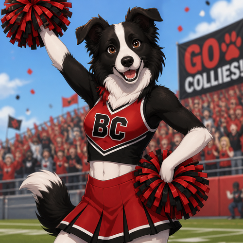 Anthropomorphic border collie cheerleader in a red and black uniform, animated style 