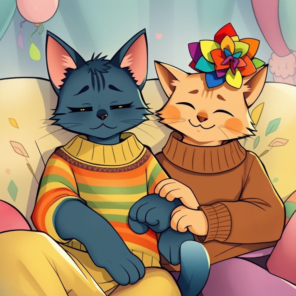 A male tired looking blue cat with a rainbow sweater laying down next to a tan male cat with a brown sweater who has a rainbow flower on his head and they are holding hands