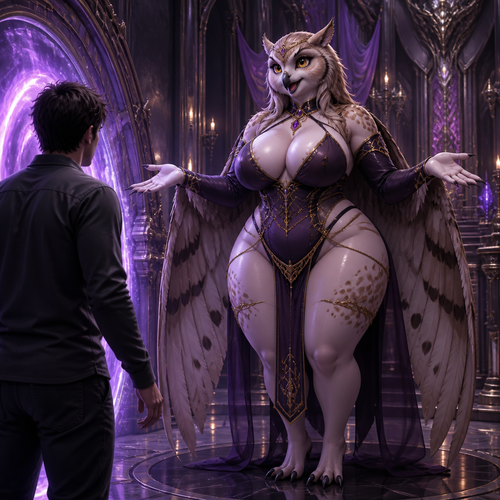 A well-made friendly yet beautiful grown adult female owl from hell and somewhere in the sci-fi palace that wears something and has thick thighs, wide hips, and has huge breasts who’s happily greeted a nervous grown human being that came from a portal.