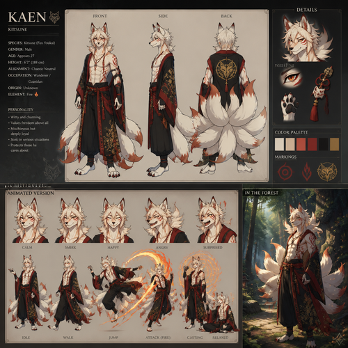 Male anthropomorphic kitsune in a forest, reference sheet, animated version 
