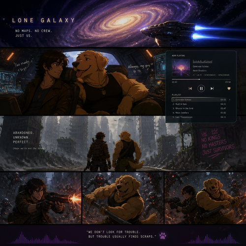 In a lone galaxy, a well-made animated version. In a spaceship, a human pilot/scavenger, and his best friend a thick homosexual anthro gay golden retriever with floppy ears. Both finding themselves on a scavenging hunt and knows how to defend themselves from any threats even some robots. In an abandoned planet unknown in a concrete jungle. And do better with music.