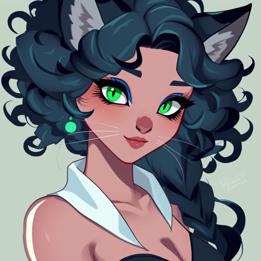 sexy female cat furry with blue eyeshadow and black curly hair smiling with teeth 